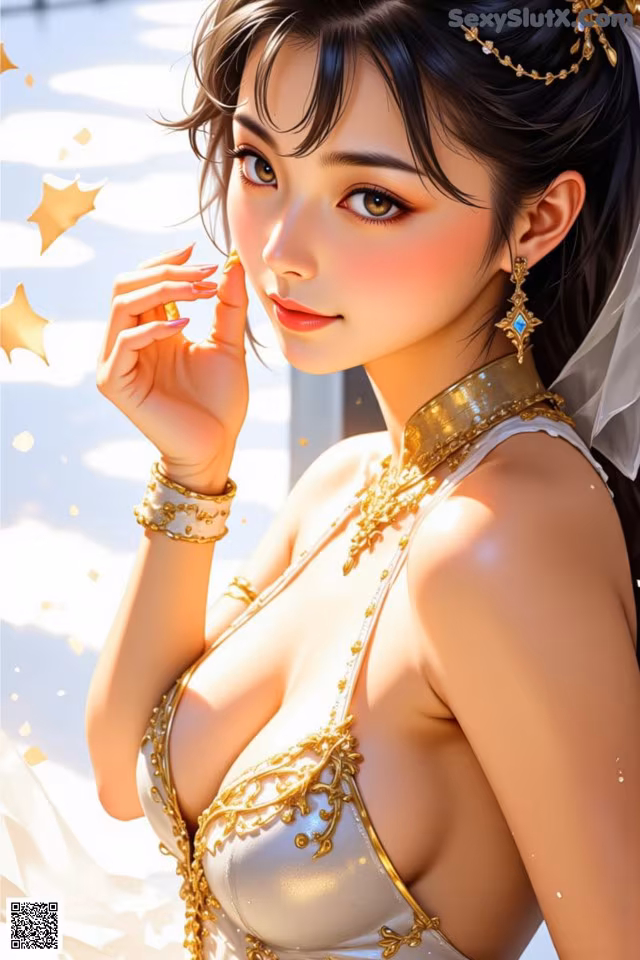A woman in a white dress with a gold necklace and earrings.