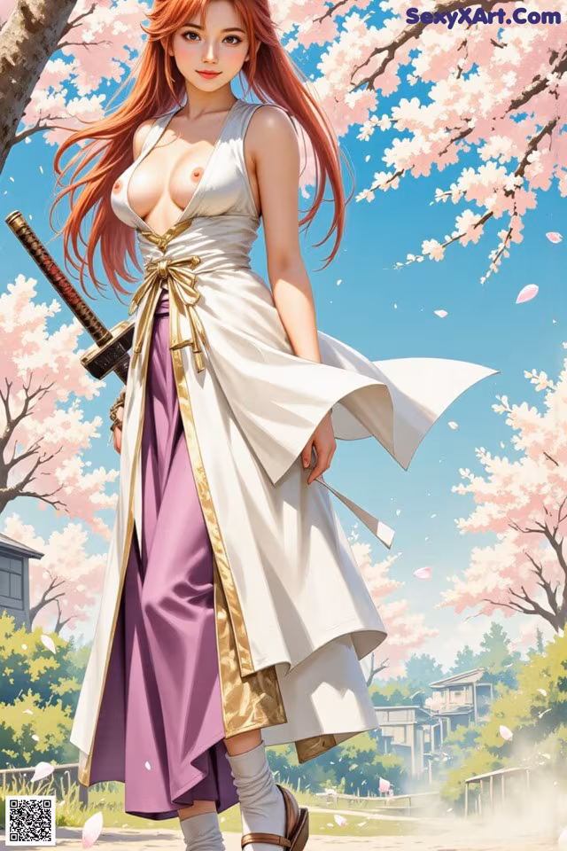A woman in traditional attire stands amidst cherry blossoms, holding a sword.