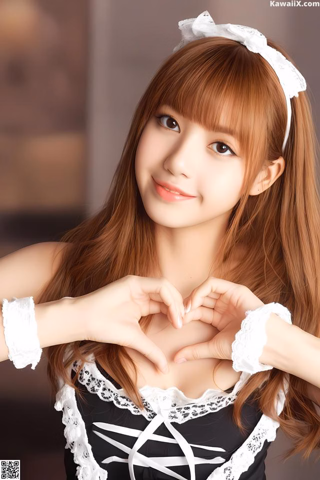 A woman in a maid outfit making a heart with her hands.