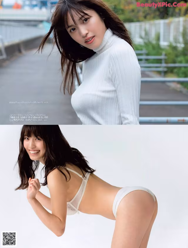 A woman in a white bikini posing for a magazine.