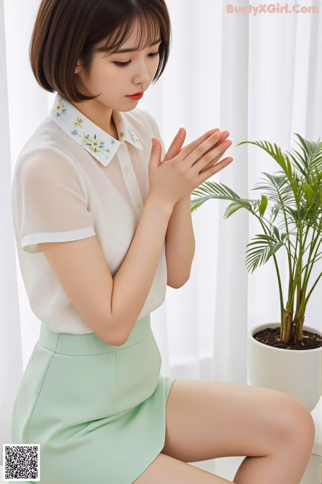 a woman sitting on top of a white table next to a plant