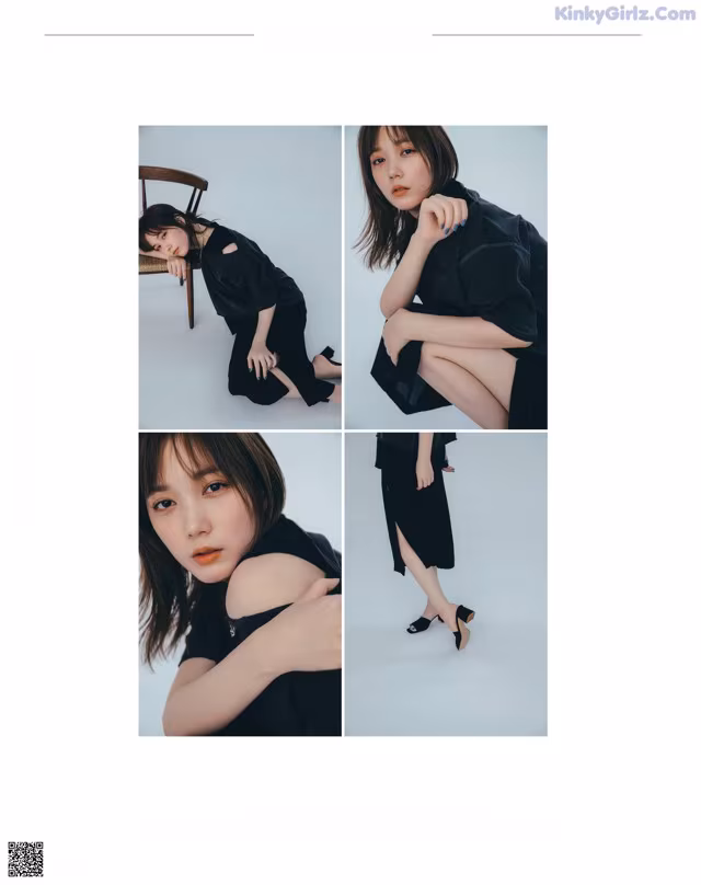 A woman in a black dress sitting on a chair.