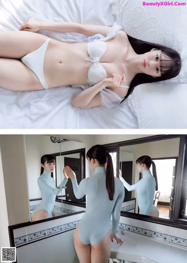 A woman in a white lingerie laying on a bed.
