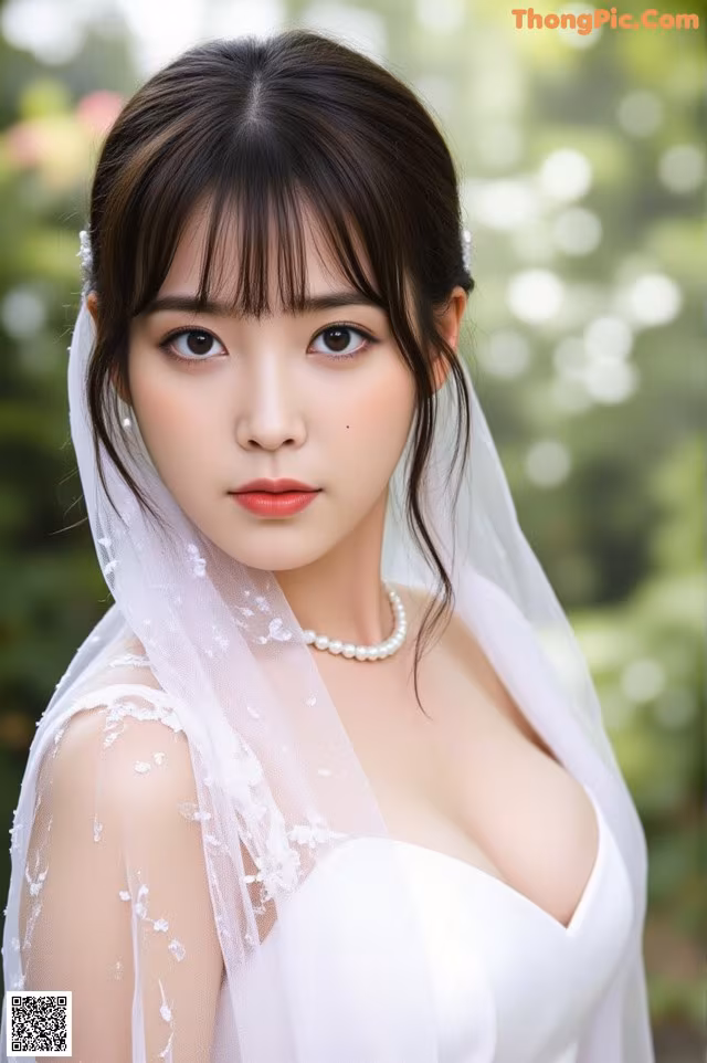 A woman in a wedding dress with a veil over her head.