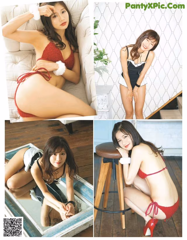 A woman in a red bikini sitting on a chair.