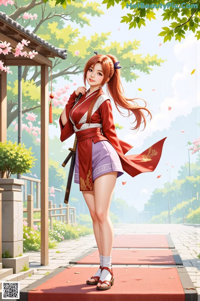 A woman in traditional attire stands on a red mat, holding a sword, with cherry blossoms and greenery in the background.