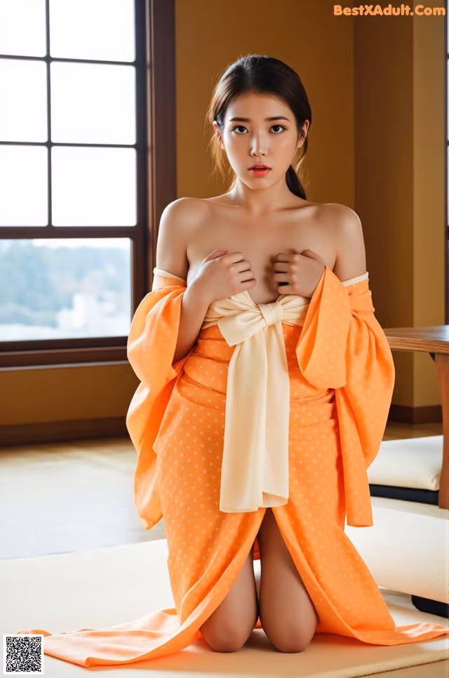 A woman in an orange kimono sitting on the floor.