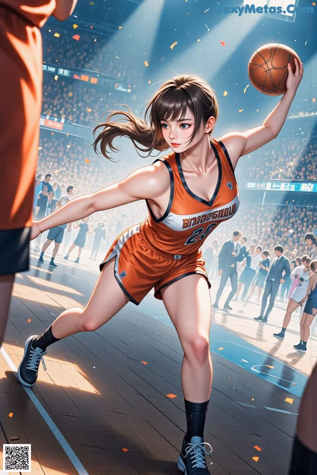 A woman in an orange uniform holding a basketball on a court.