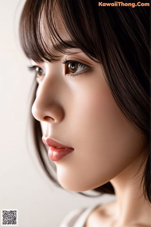 A close up of a woman's face with brown eyes.