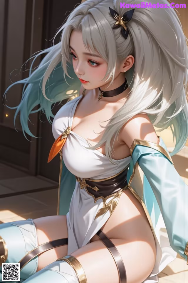 A woman with long white hair sitting on the ground.