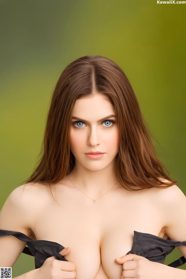 A woman with long brown hair and blue eyes posing for a picture.