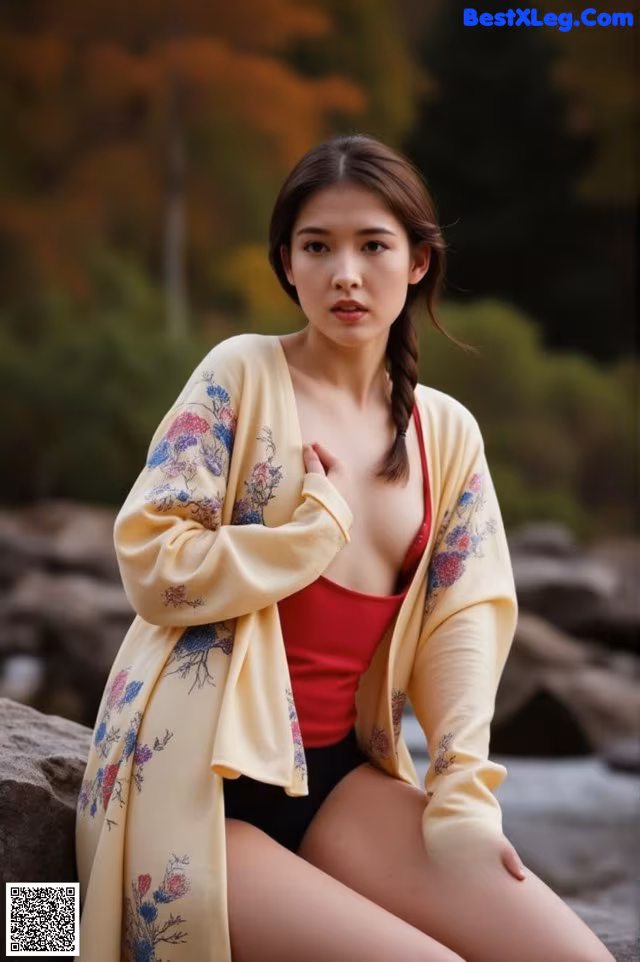 A woman in a red top and black shorts sitting on a rock.