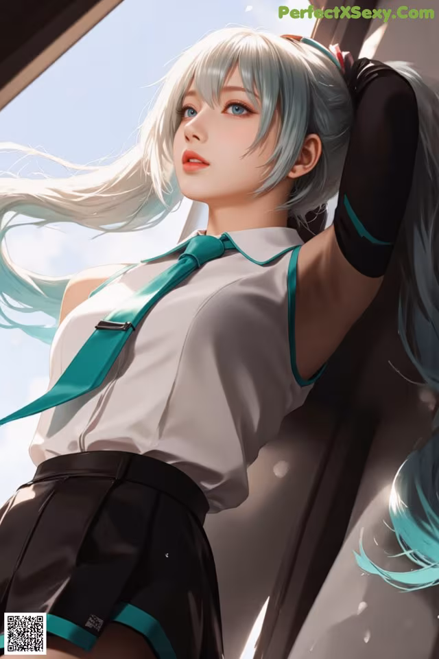 A girl with long white hair wearing a white shirt and black skirt.