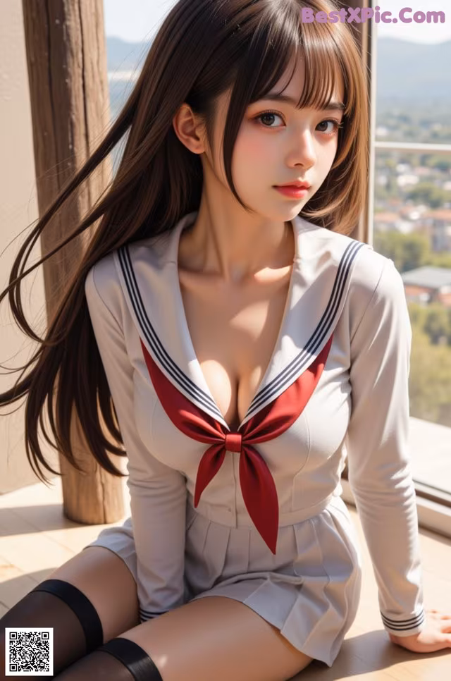 A woman in a sailor outfit sitting on a window sill.